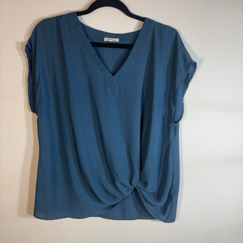 Pleione Womens XL Teal Blue V Neck Twist Front Blouse Short Sleeve Draped Top